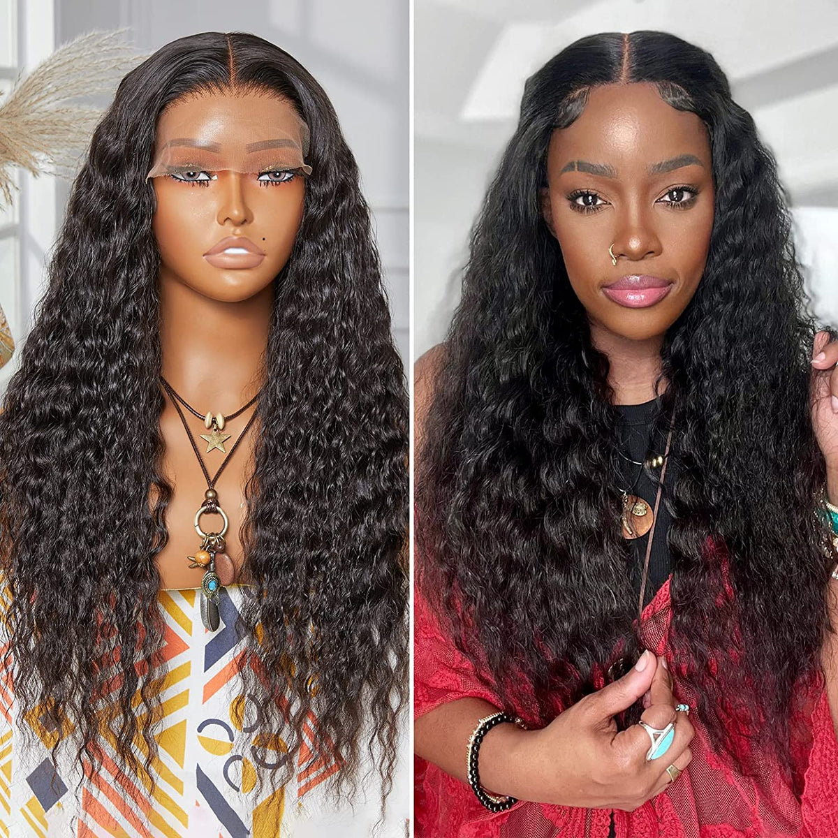 Cranberry Natural Black Flowy Bohemian Curly 13x4 Frontal Lace C Part Long Wig 100% Human Hair