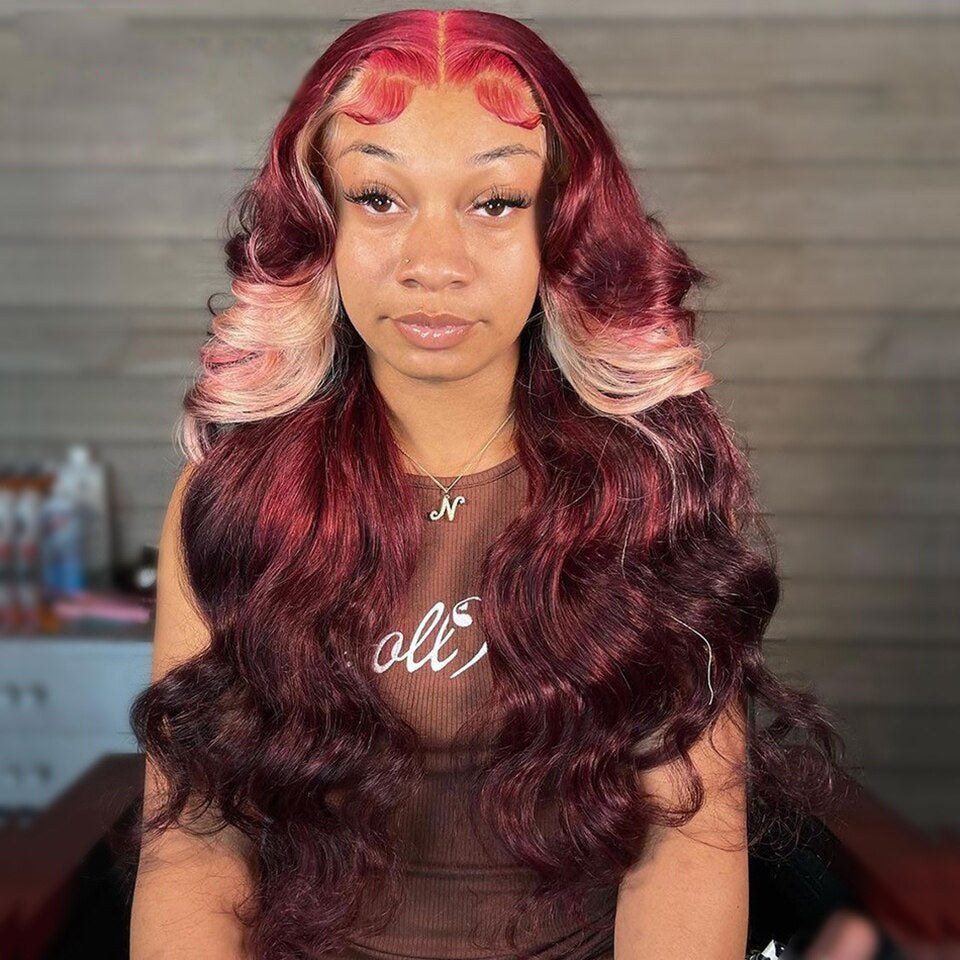 Cranberry 13x6 Wine Red With Blonde Color Body Wave Wig HD  display picture 1