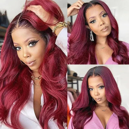 Ombre 99J Burgundy Body Wave Transparent HD Lace Wigs Virgin Human Hair Wigs