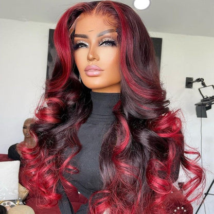 13x4 Lace Frontal Wig Sexy Loose Wave Ombre Highlight Dark Burgundy with Rose Red Wig