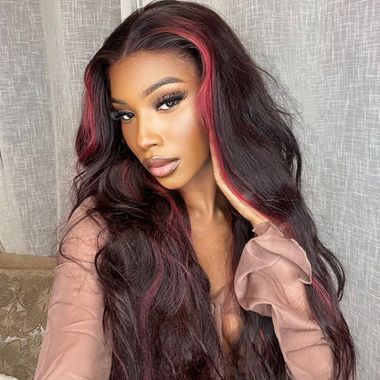 13x4 Lace Frontal Wig Sexy Loose Wave Ombre Highlight Dark Burgundy with Rose Red Wig