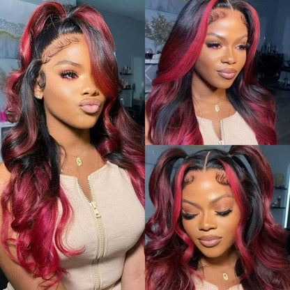 13x4 Lace Frontal Wig Sexy Loose Wave Ombre Highlight Dark Burgundy with Rose Red Wig