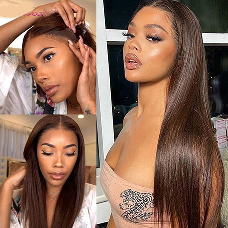 Chocolate Brown #4 Straight 13x4 HD Glueless Lace Human Hair Wig 180% Desnity