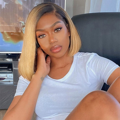 Cranberry Ombre T1B/27 Bob Straight Human Hair 200% Density Closure Wig
