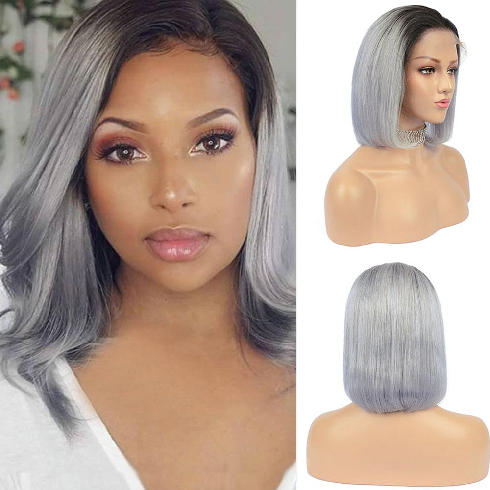 Cranberry Ombre 1B/Grey Short Bob Straight 13X4 Lace Front Brazilian Human Hair Wigs