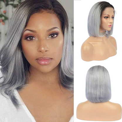 Cranberry Ombre 1B/Grey Short Bob Straight 13X4 Lace Front Brazilian Human Hair Wigs