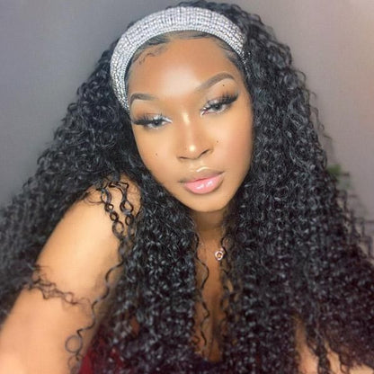 Cranberry Beginner Lazy Girl Friendly Jerry Curly Human Hair Wig Headband Glueless Wig 180% Density