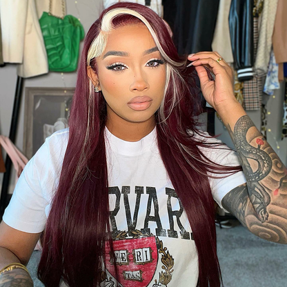 Cranberry Red Wine & Blonde Skunk Stripe Color Wig 13*4 Lace Front Wig