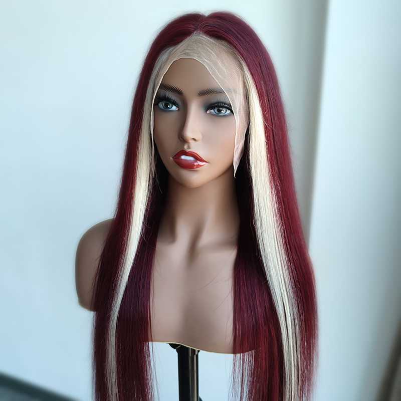 Cranberry Red Wine & Blonde Skunk Stripe Color Wig 13*4 Lace Front Wig