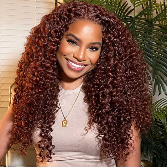Tuneful #33 Auburn Colored Glueless 13x4 5x5 HD Lace Front Closure Human Hair Wigs Jerry Curly Frontal Wigs 180% Density