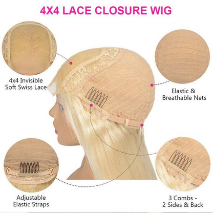 Cranberry 613 Blonde Bob Wig 4X4 Transparent Lace Closure Human Hair 10-16 inches Wigs