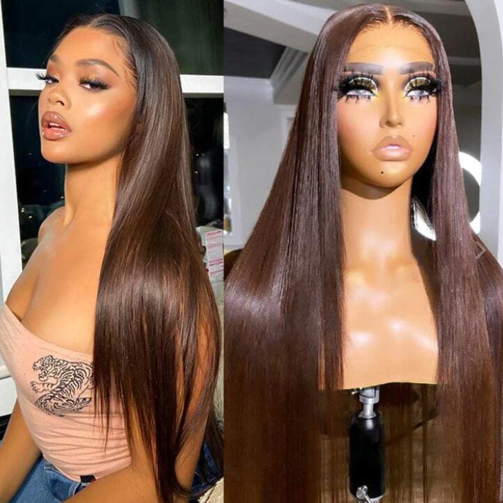 Chocolate Brown #4 Straight 13x4 HD Glueless Lace Human Hair Wig 180% Desnity