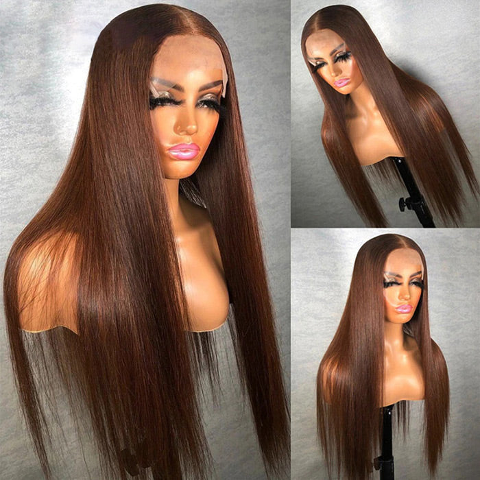 Chocolate Brown #4 Straight 13x4 HD Glueless Lace Human Hair Wig 180% Desnity