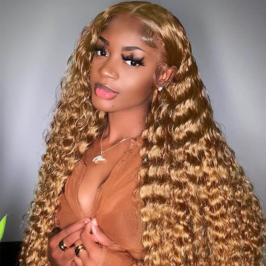 Deep Wave #27 Colored Human Hair Wigs Honey Blonde13x6 HD Transparent Lace Frontal Wigs