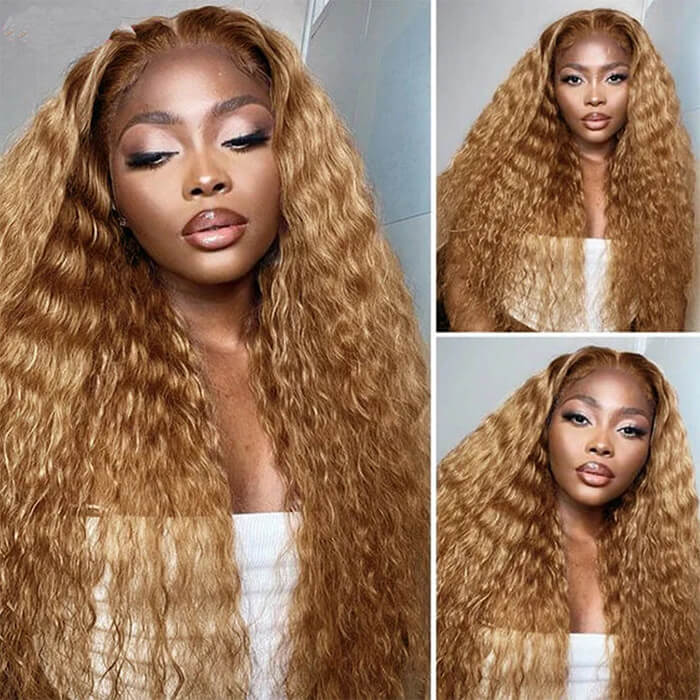 Deep Wave #27 Colored Human Hair Wigs Honey Blonde13x6 HD Transparent Lace Frontal Wigs
