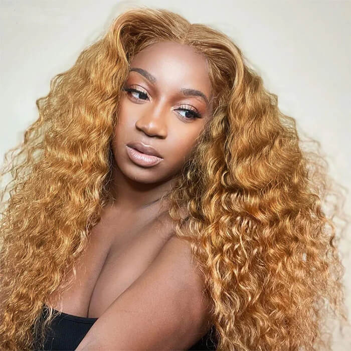 Deep Wave #27 Colored Human Hair Wigs Honey Blonde13x6 HD Transparent Lace Frontal Wigs