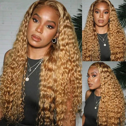 Deep Wave #27 Colored Human Hair Wigs Honey Blonde13x6 HD Transparent Lace Frontal Wigs
