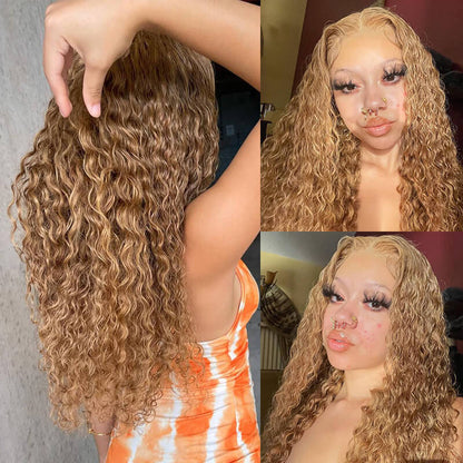 Deep Wave #27 Colored Human Hair Wigs Honey Blonde13x6 HD Transparent Lace Frontal Wigs