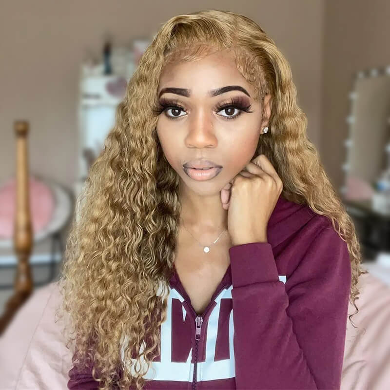 Deep Wave #27 Colored Human Hair Wigs Honey Blonde13x6 HD Transparent Lace Frontal Wigs