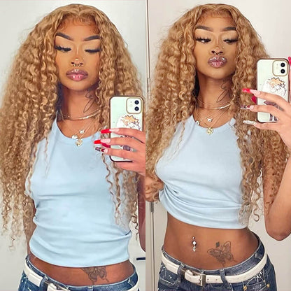 Deep Wave #27 Colored Human Hair Wigs Honey Blonde13x6 HD Transparent Lace Frontal Wigs