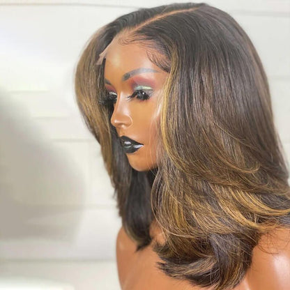 Cranberry Golden Blonde Highlight Side Part Long Bob Lace Front Wig Human Hair