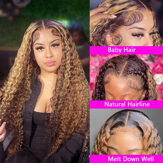 Highlight Curly Wigs 13x4 5x5 HD Lace Front Closure Colored Human Hair Wigs 180% Density