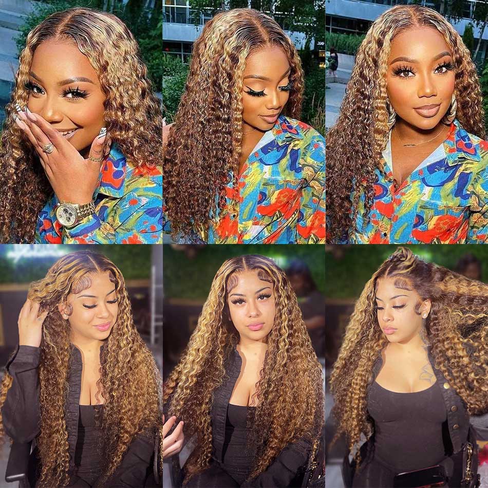 Highlight Curly Wigs 13x4 5x5 HD Lace Front Closure Colored Human Hair Wigs 180% Density