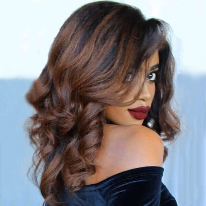 Cranberry Shoulder Length Wavy Caramel Brown Highlights Human Hair Lace Front Wigs